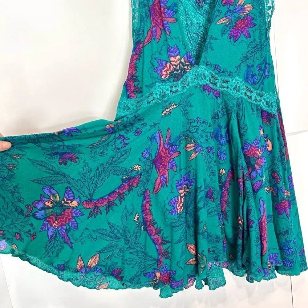 Free People Floral Oversized Mini Slip Dress Turquoise Green XS She Moves Boho